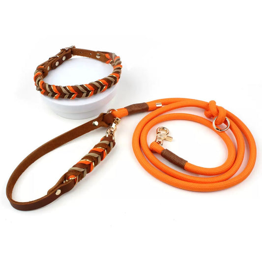 Complete set of hand-braided Orange Tan leather dog collar and matching 7.2ft 6-in-1 leash with gold hardware.
