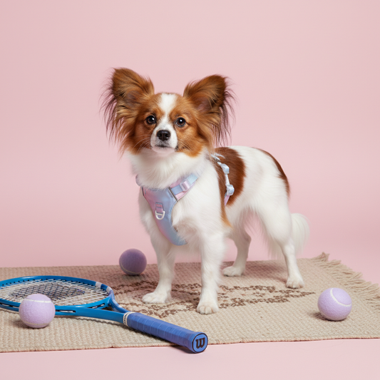 A small Papillon dog wearing the Bling Fuzzie pastel pink and blue gradient no-pull harness, standing on a beige woven mat next to a blue tennis racket and purple tennis balls against a light pink background.