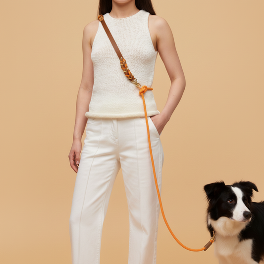 Border Collie walking with a 6-in-1 hand-braided leather leash in crossbody hands-free style for large dog control.