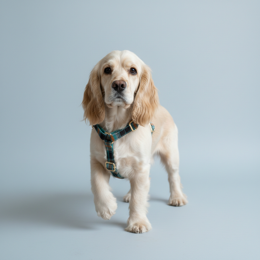 Golden Retriever wearing black teal and orange plaid dog harness on light blue background