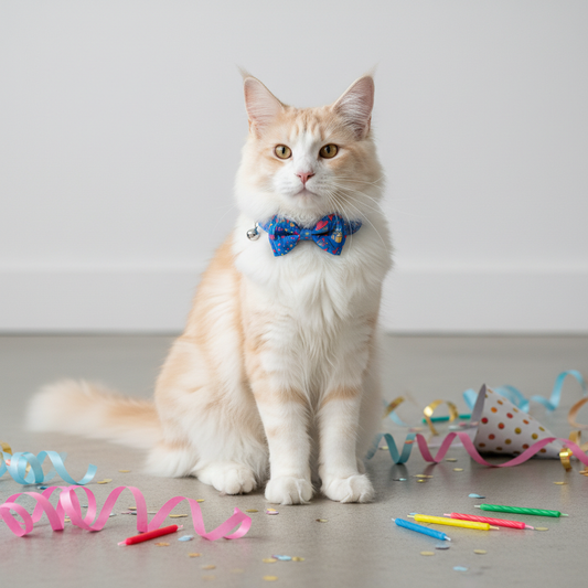 Cat wearing festive blue birthday party collar with bow tie