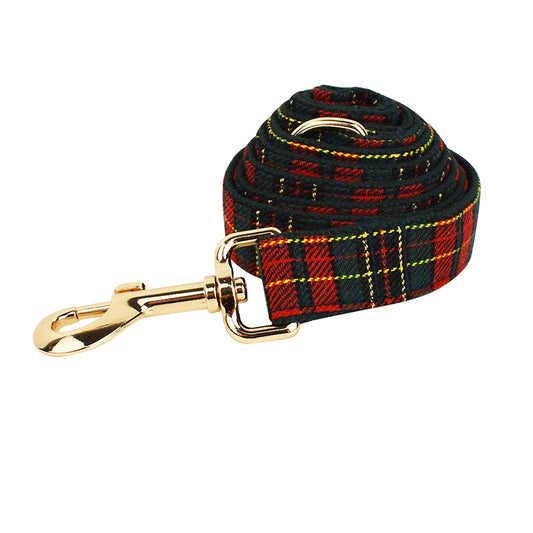 Matching Christmas tartan plaid dog leash with gold-tone swivel clasp