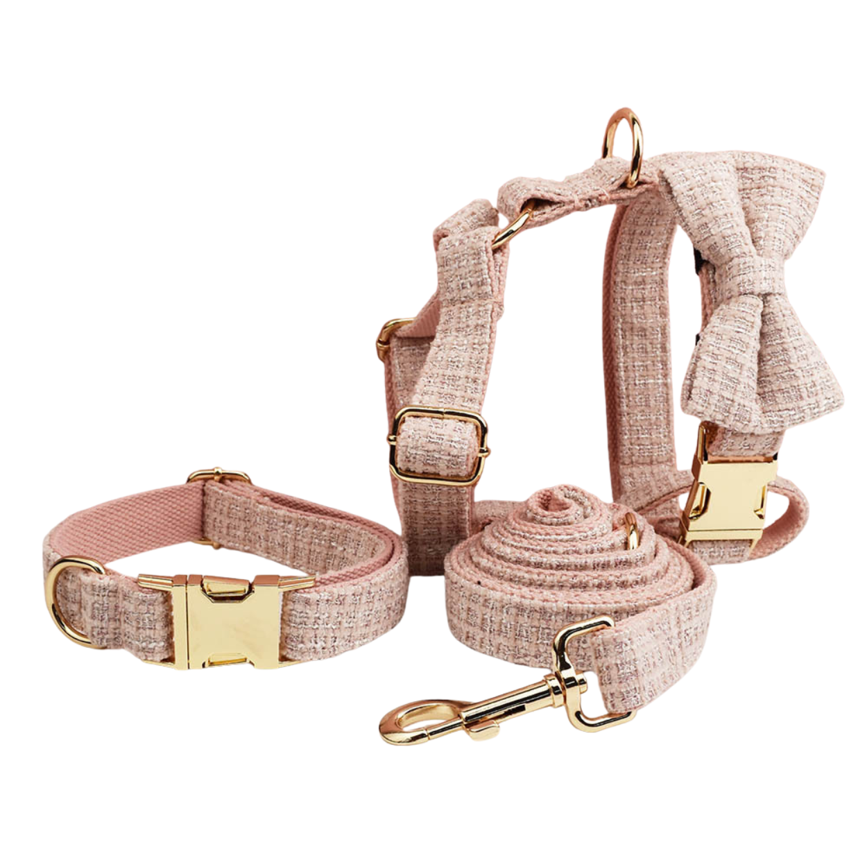 Tweed Dog 4-Piece Set - Collar Bow Tie Harness Leash - Blush Pink