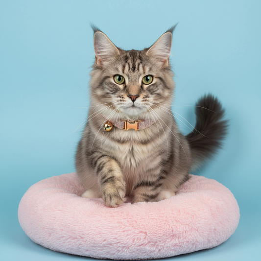 Maine Coon cat wearing classic blush tweed collar with gold buckle on pink cushion light blue background