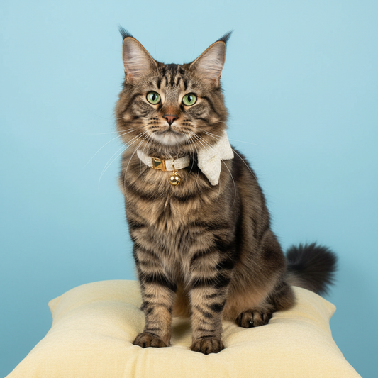 Maine Coon cat wearing cream tweed collar with bow tie on yellow cushion - luxury cat collar set