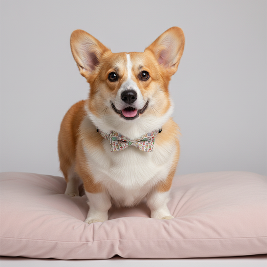 Corgi wearing happy birthday dog collar relaxing on pink pet bed pet birthday gift