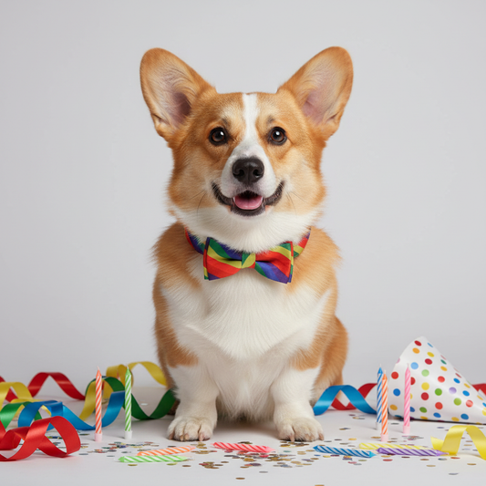 Corgi wearing birthday party rainbow stripe dog collar with confetti and party hat pet birthday gift