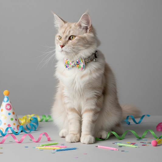 Cream cat wearing letter print birthday collar with party hats confetti and pet accessories