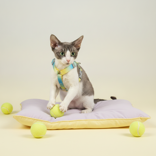 Grey and white cat wearing a Bling Fuzzie yellow blue ombre escape-proof cat H-style harness, playing with yellow tennis balls on a lavender yellow cushion