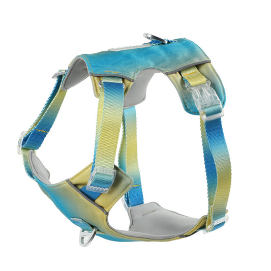Pastel blue yellow gradient dog harness with aircraft aluminum buckle and breathable neoprene lining product shot white background