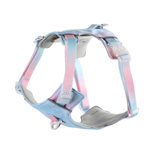 Pastel pink blue gradient dog harness with aircraft aluminum buckle and breathable neoprene lining product shot white background