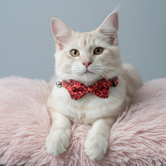 White long-haired cat wearing Bling Fuzzie Red Heart Print Cat Collar with detachable red leopard-heart bow tie and silver bell, resting on a pink fluffy cushion against a grey background