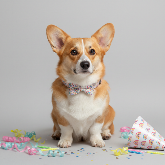 Red white corgi wearing mini rainbow print birthday dog collar with party hat confetti and streamers pet birthday accessory