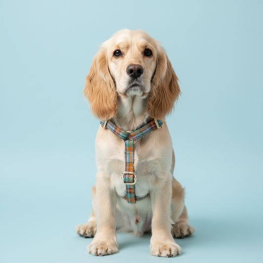 Golden Retriever wearing teal and mustard plaid dog harness on light blue background