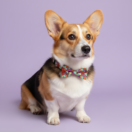 Tri-color corgi wearing colorful hearts print dog collar with removable bow tie against lavender purple background - festive pet accessory