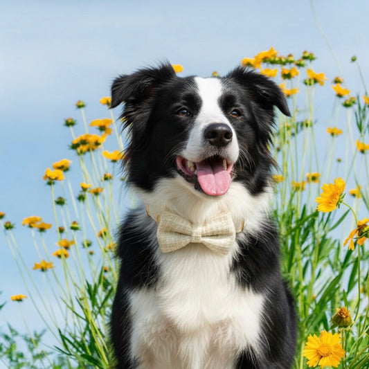 Black and white Border Collie wearing a Bling Fuzzie cream tweed bow tie collar in a field of yellow wildflowers against a light blue sky, showcasing the Tweed Dog 4-Piece Set in cream