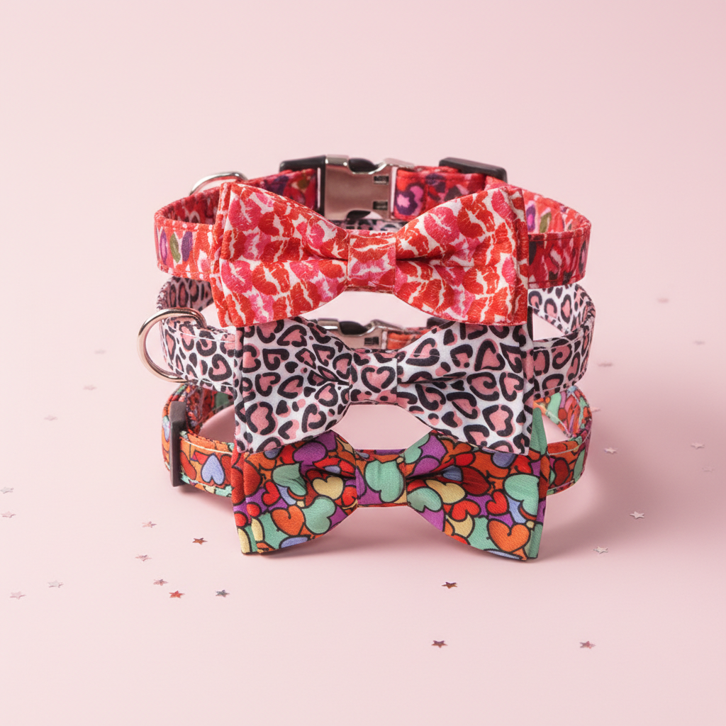 Heart print pet collars with bow ties in pink and red for dogs and cats