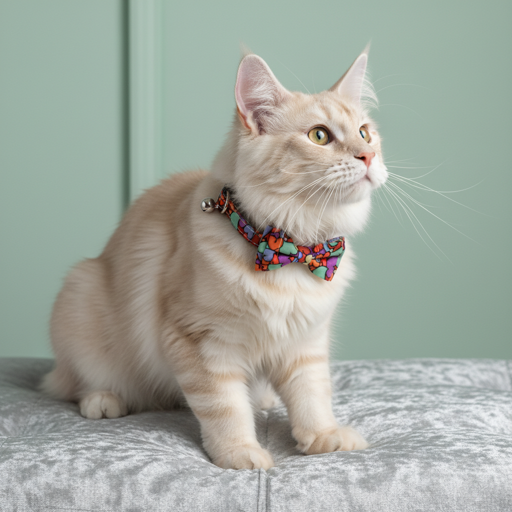 Festive cat collars collection featuring birthday prints, romantic hearts, leopard patterns and lip prints with soft fabric and stainless steel hardware for celebrations