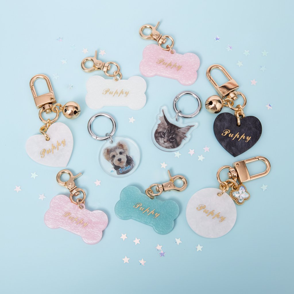 Custom pet ID tags collection featuring luxury acetate with gold foil engraving and waterproof acrylic with photo insert for cats and dogs with optional crystal and bell charms