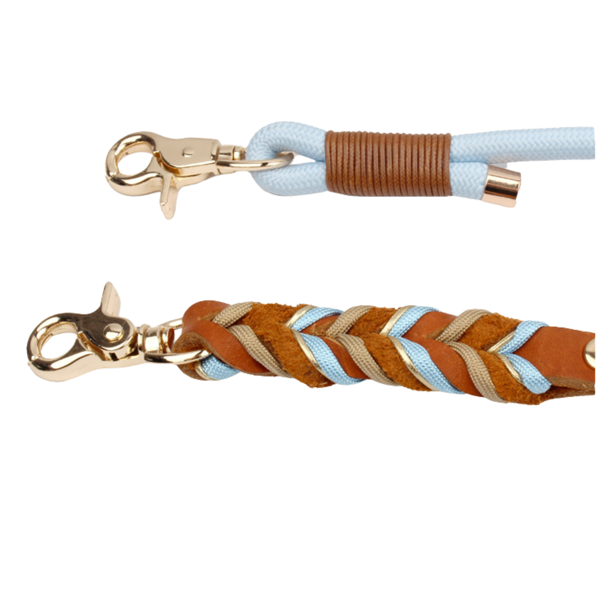 360-degree rotating zinc alloy clasp on sky blue polyester rope dog leash - durable hardware detail