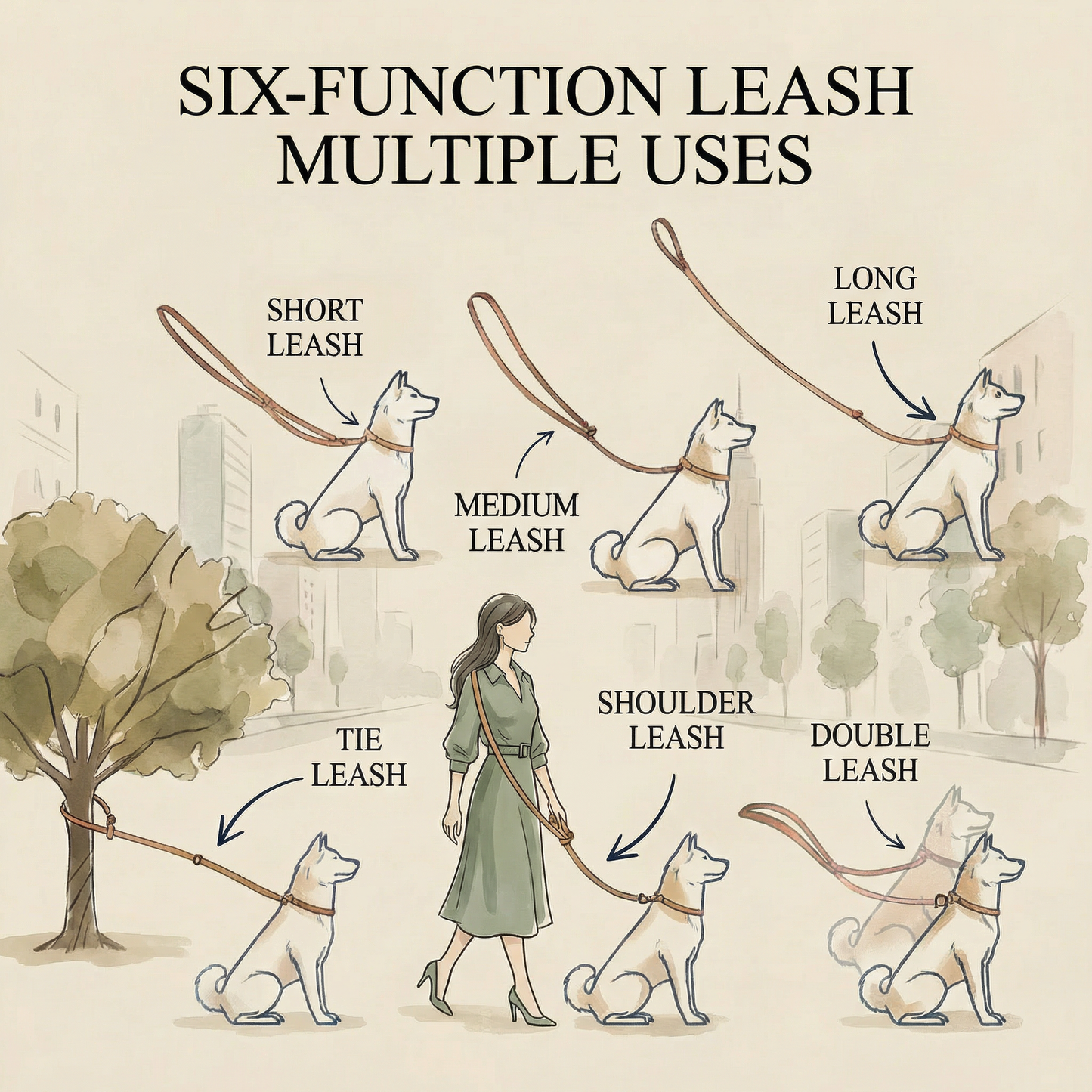Six-function multi-use dog leash showing short medium long shoulder tie-out double leash configurations - all scenarios demonstration