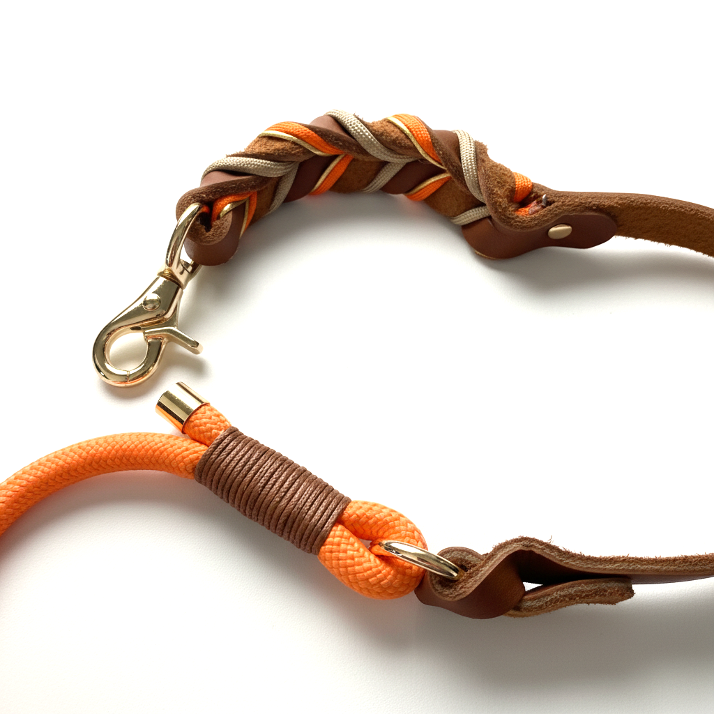 Macro shot of the reinforced hand-braided leather wrap on an Orange Tan dog leash for extra strength and durability.