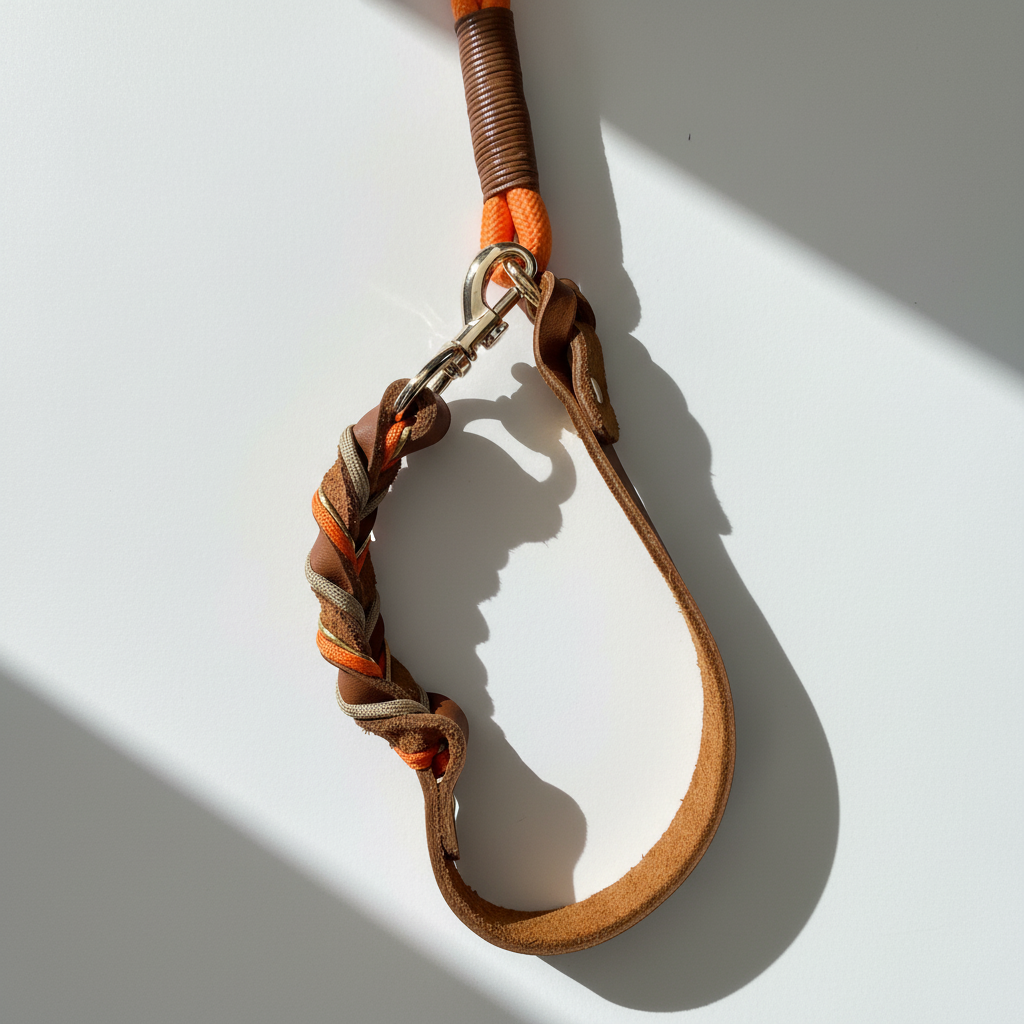 Comfortable ergonomic handle design and reinforced knotting on a 6-in-1 hand-braided orange dog leash.
