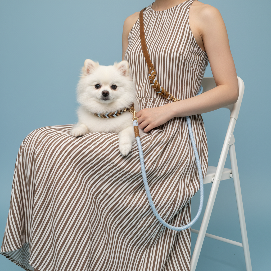 Premium Sky Blue Tan leather dog gear set featuring a hand-braided 4mm collar and a versatile 7.2ft 6-in-1 leash with gold hardware, displayed on a clean background.