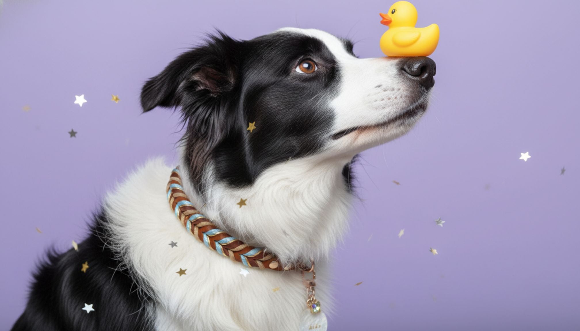 Close-up of a Border Collie wearing a colorful handmade woven dog collar with a gold pendant, purple background.