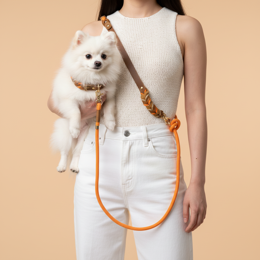 Pomeranian with a matching Orange Tan collar and 6-in-1 leash set used in hands-free crossbody style.