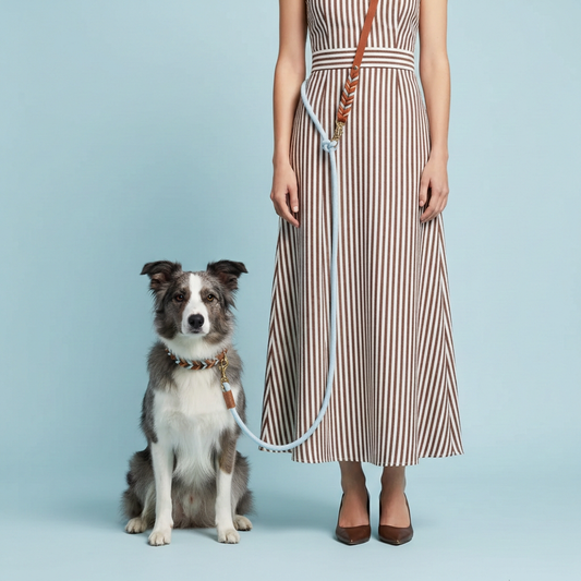 Hands-free crossbody handmade leather dog leash with sky blue braided detail - adjustable multi-function design for daily walks