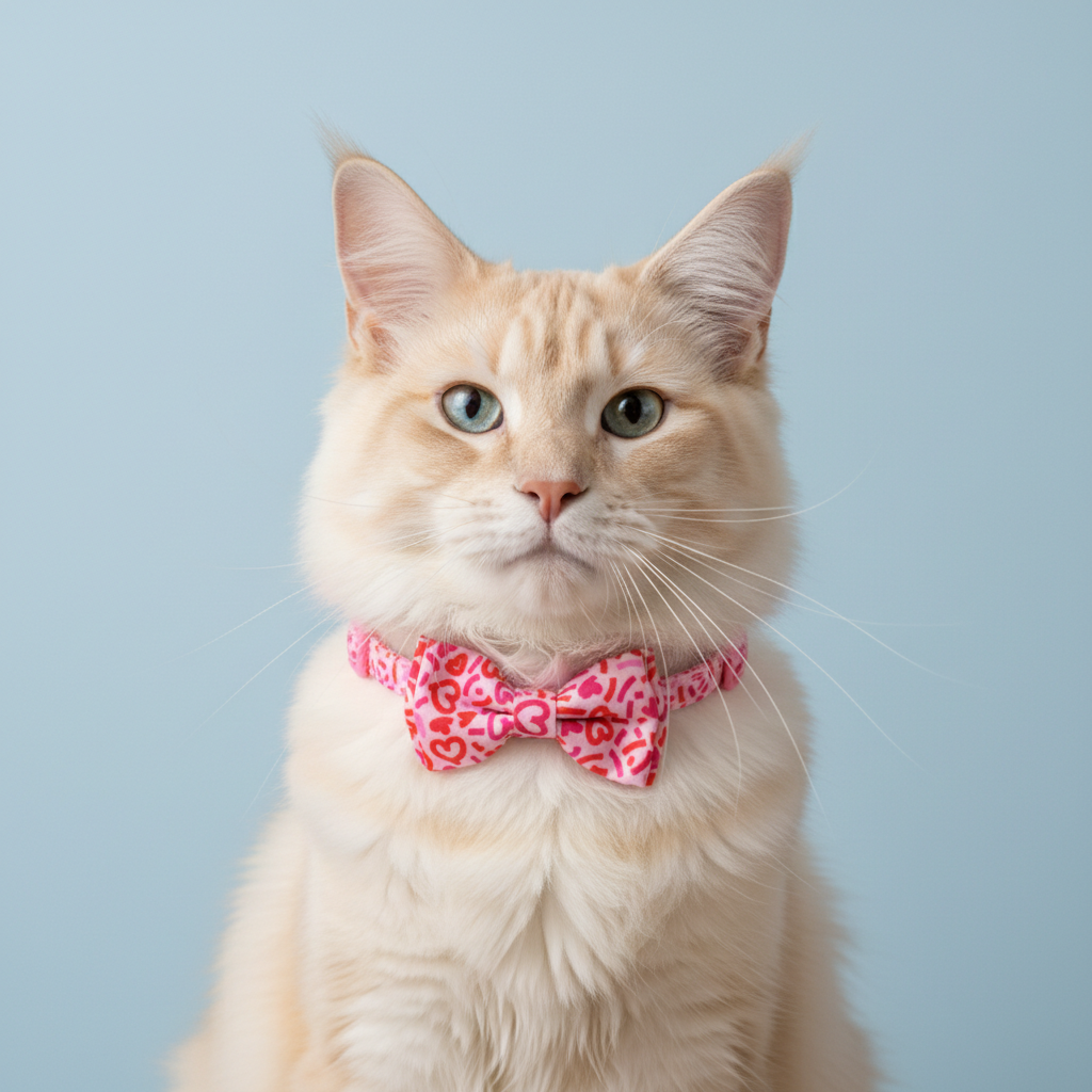 Cat wearing heart graffiti collar with removable bow tie - front view