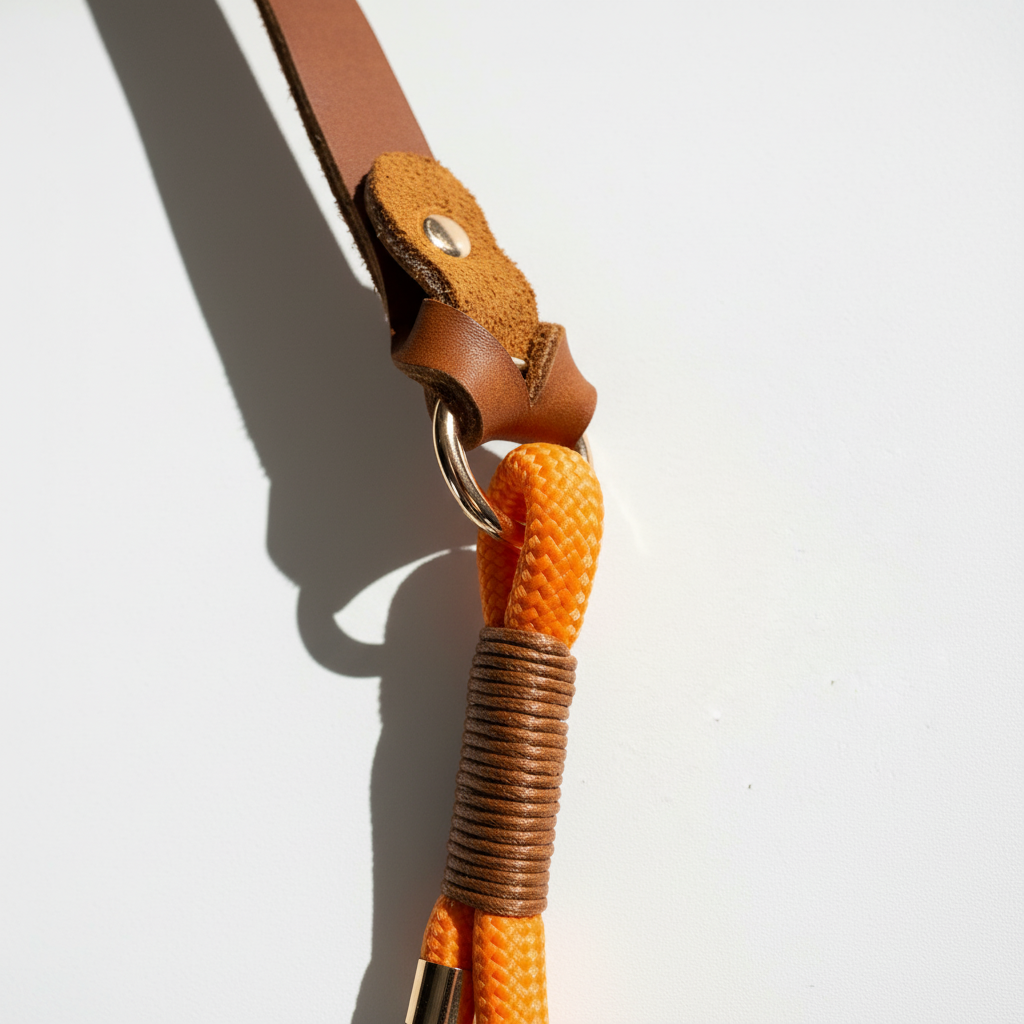 Brass-plated zinc alloy clasp and hand-stitched leather connector on an adjustable 6-in-1 dog leash.