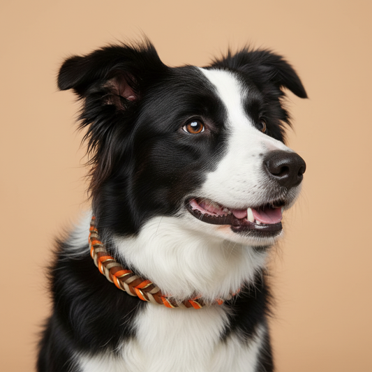 Multi-tonal orange tan hand-braided full-grain leather dog collar with brass buckle close-up detail shot - artisan craftsmanship