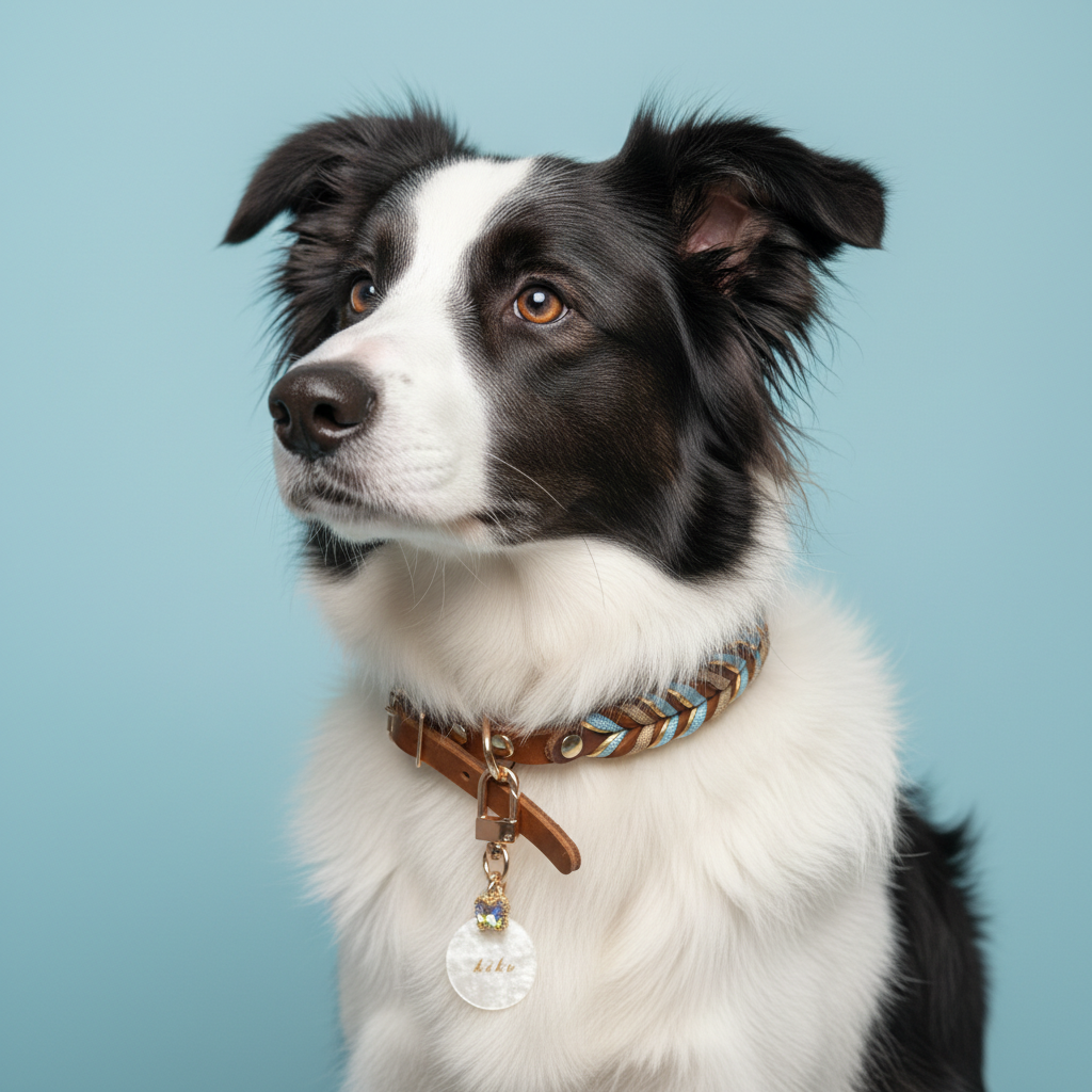 Sky blue tan hand-braided full-grain leather dog collar with brass buckle close-up detail - artisan craftsmanship premium hardware