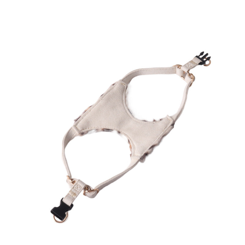 Adjustable snow leopard cat harness suede backing and metal hardware detail shot