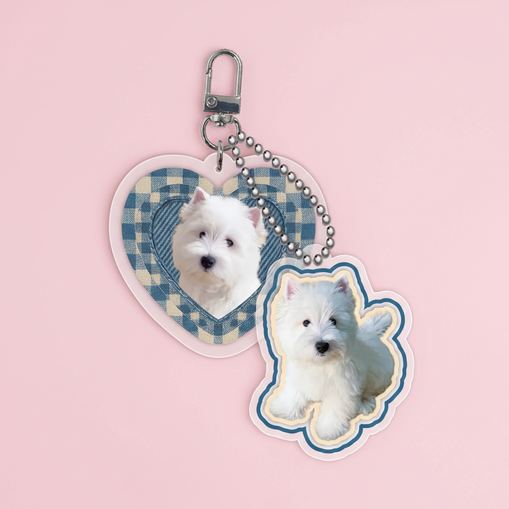 Aesthetic pet photo keychain West Highland White Terrier with blue plaid heart charm on pink background