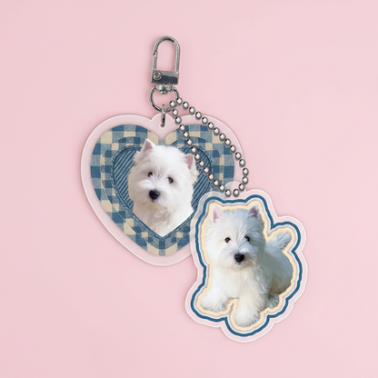 Aesthetic pet photo keychain West Highland White Terrier with blue plaid heart charm on pink background