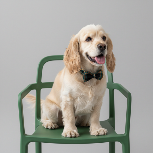 Golden Retriever wearing black teal and orange plaid dog collar with bow tie sitting on green chair grey background
