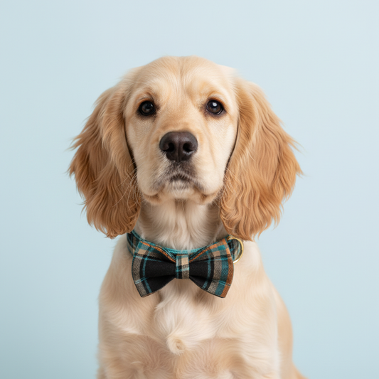 Golden Retriever wearing black teal and orange plaid dog collar with bow tie on light blue background
