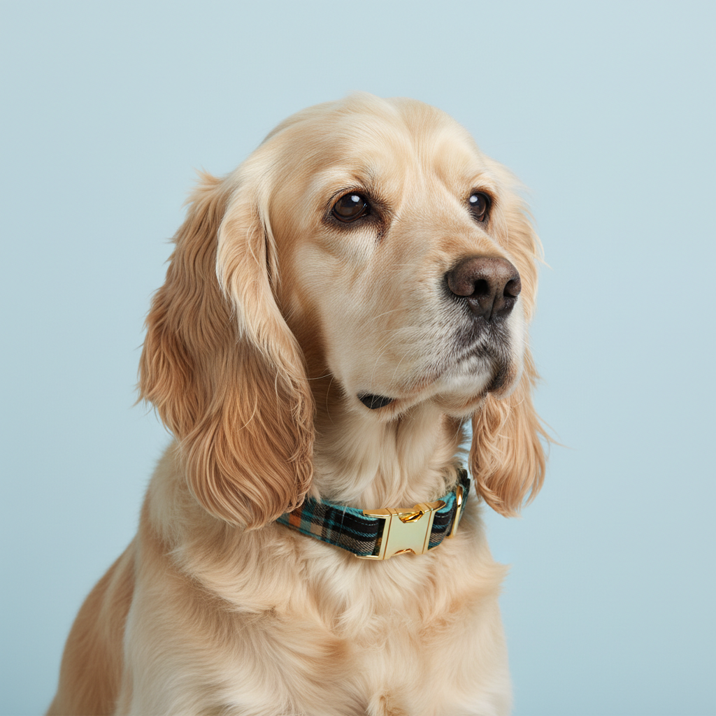 Golden Retriever wearing black teal and orange plaid dog collar on light blue background
