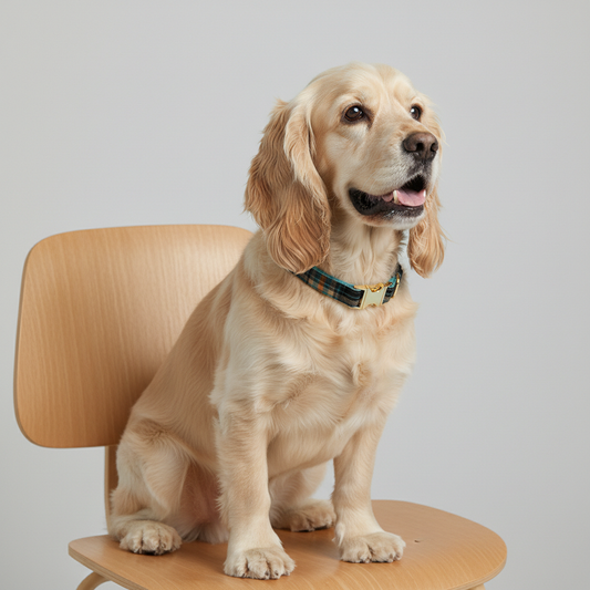 Golden Retriever wearing black teal and orange plaid dog collar sitting on wooden chair grey background
