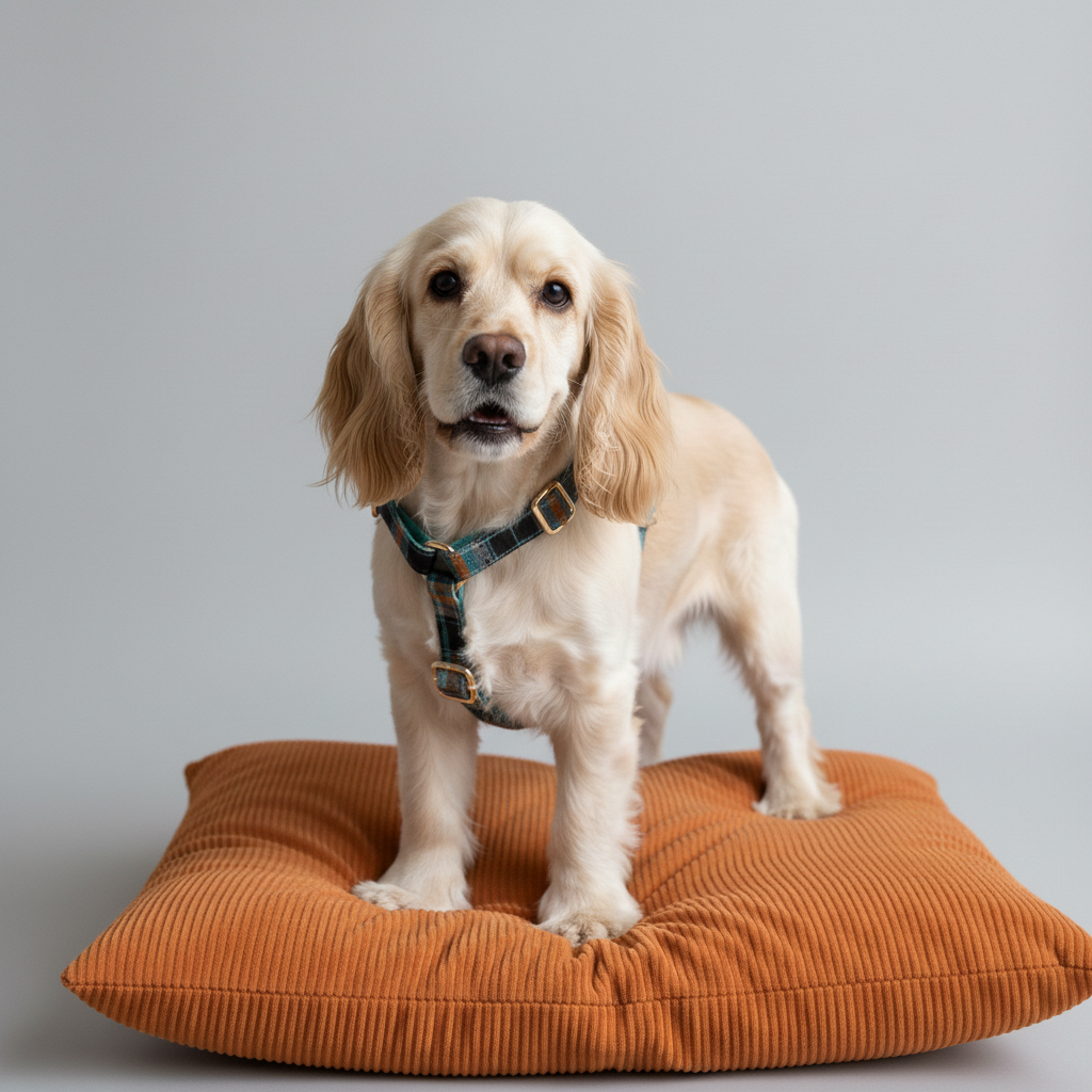 Golden Retriever wearing black teal and orange plaid dog harness resting on orange pet bed grey background
