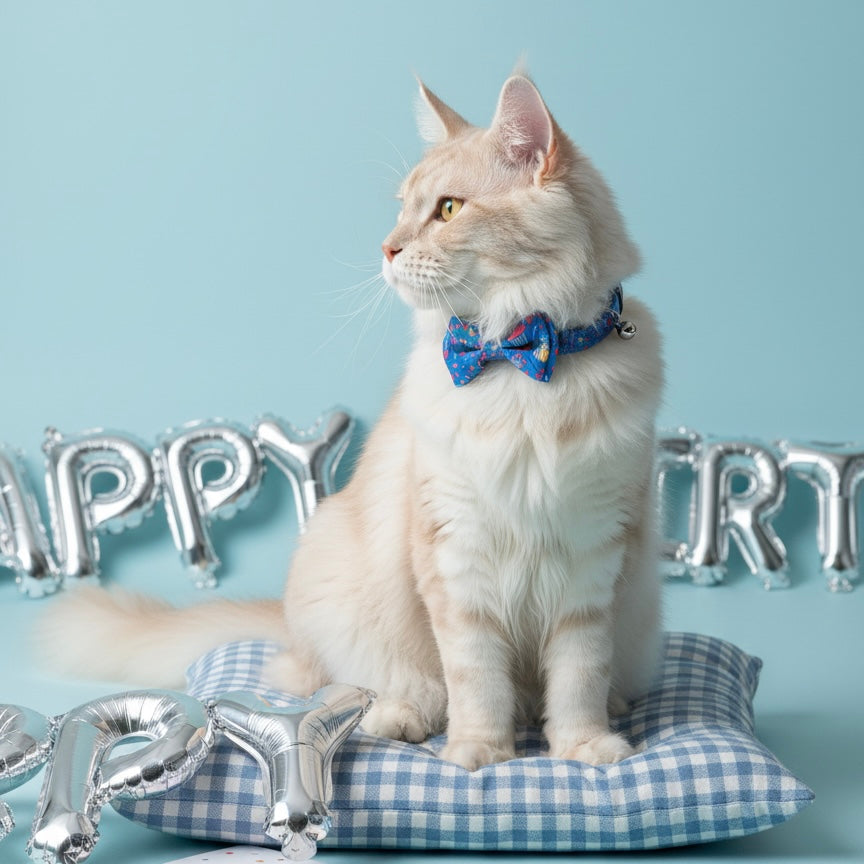 Cream cat looking sideways on a blue plaid cushion with silver 'HAPPY BIRTHDAY' foil balloons, showcasing the Bling Fuzzie festive blue cat collar and matching bow tie.