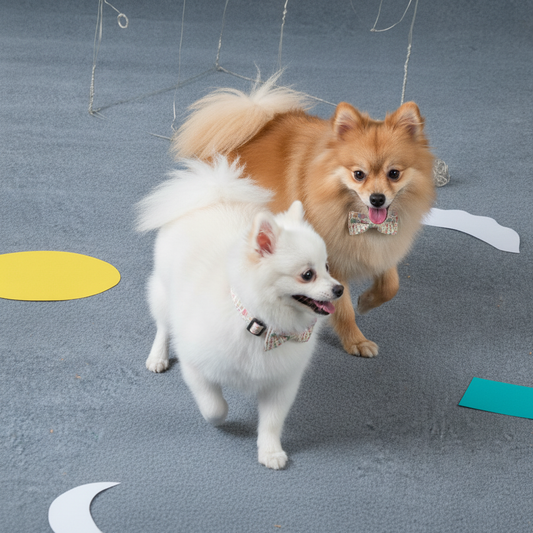 Two Pomeranian dogs, one white in front and one brown behind, running on a gray background while wearing matching Bling Fuzzie birthday party festive print dog collars with bow ties, surrounded by colorful paper cutout decorations.