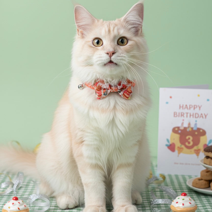 A wide-eyed cream cat on a green gingham tablecloth next to a birthday card, wearing the vibrant Bling Fuzzie orange birthday party cat collar with party hats and a safety bell.