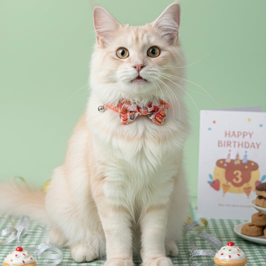 A wide-eyed cream cat on a green gingham tablecloth next to a birthday card, wearing the vibrant Bling Fuzzie orange birthday party cat collar with party hats and a safety bell.