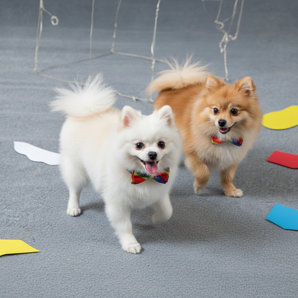 Two Pomeranian dogs, a white one in front and a brown one behind, running on a gray floor while wearing matching Bling Fuzzie birthday party rainbow stripe dog collars with bow ties, surrounded by colorful paper cutout decorations.
