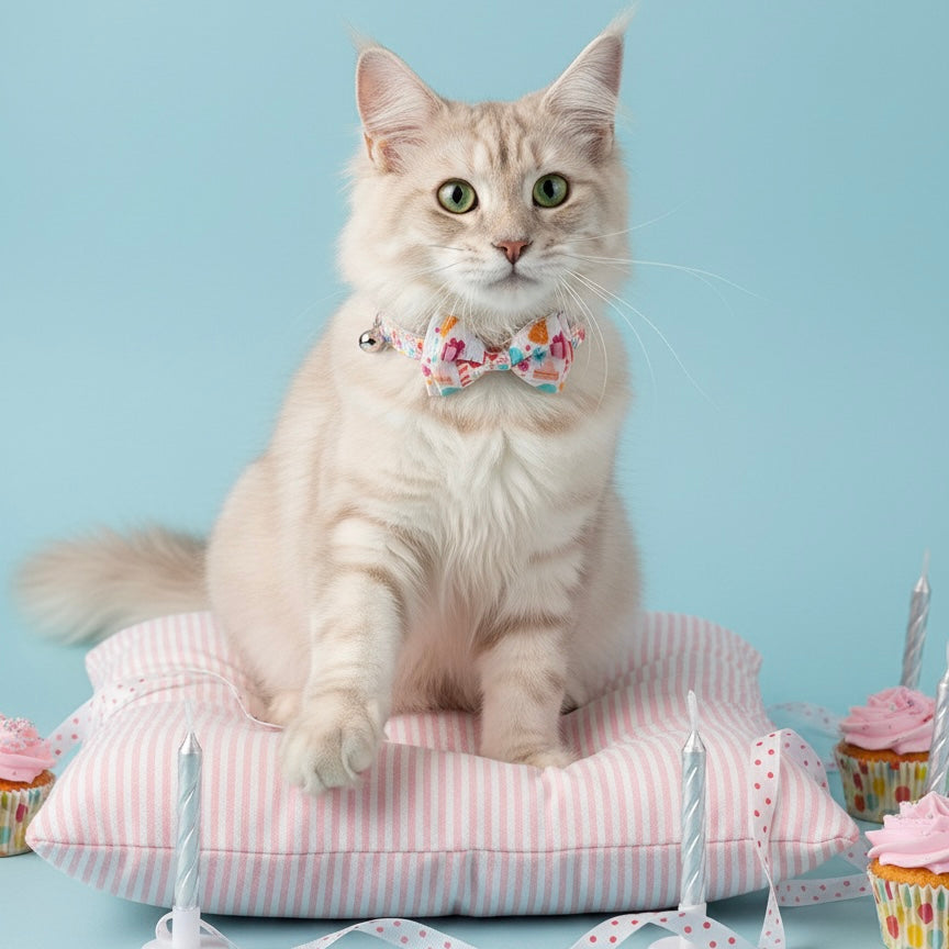 An elegant cat sitting on a pink striped pillow surrounded by cupcakes and candles, wearing the Bling Fuzzie white birthday party cat collar with cakes and confetti print.