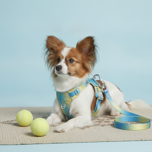 Papillon dog wearing a Bling Fuzzie blue and yellow ombre no-pull dog harness with matching leash, lying on a mat next to tennis balls.